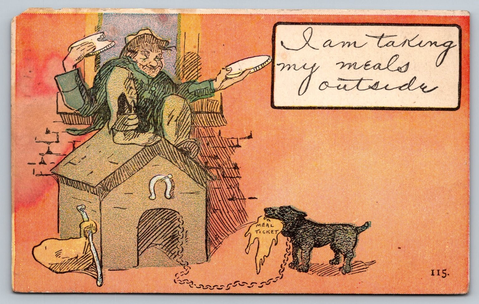 Vintage Humorous 1907 Cartoon Postcard \'I Am Taking My Meals Outside\' Vintage Humorous 1907 Cartoon Postcard \'I Am Taking My Meals Outside\'