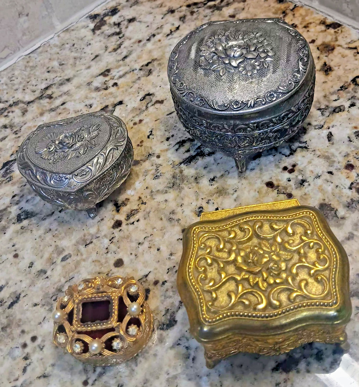 VTG Lot 4 Gold & Silver Tone Floral Ornate Japan Trinket Jewelry Boxes Florenza