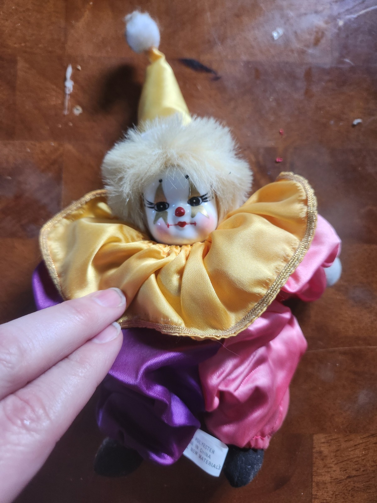 Vtg Artmark Porcelain Clown Doll Jester Pink Purple Satin Beanie OH 8325 Circus