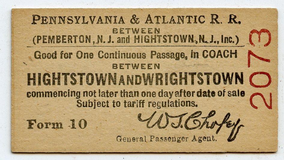 Hightstown Wrightstown New Jersey Pennsylvania & Atlantic Railroad 1915 Ticket