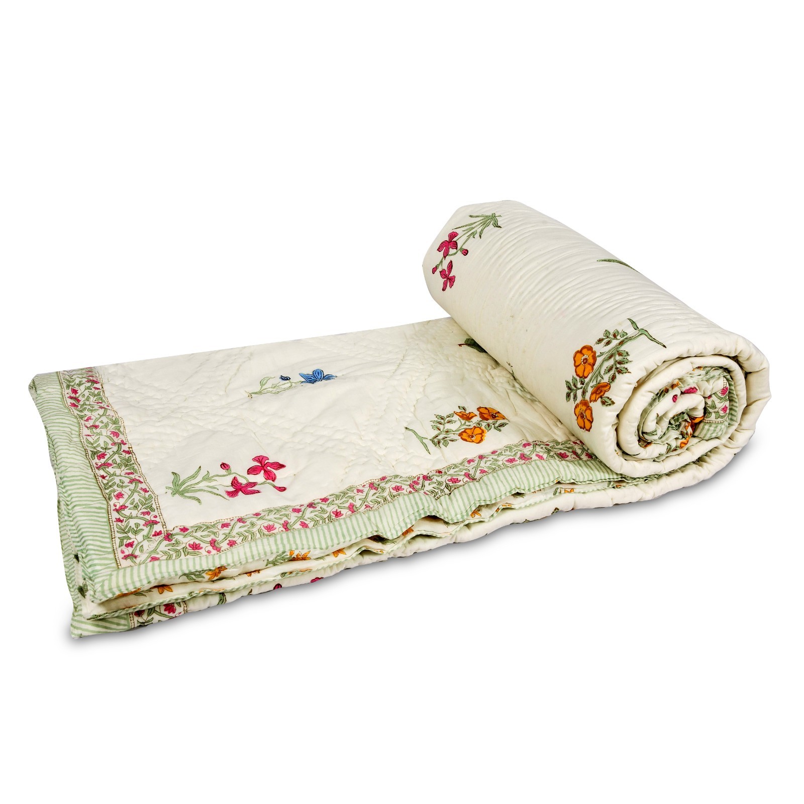 Handblock Print Jaipuri Razai Traditional Handmade Floral Cotton Quilt Bedspread