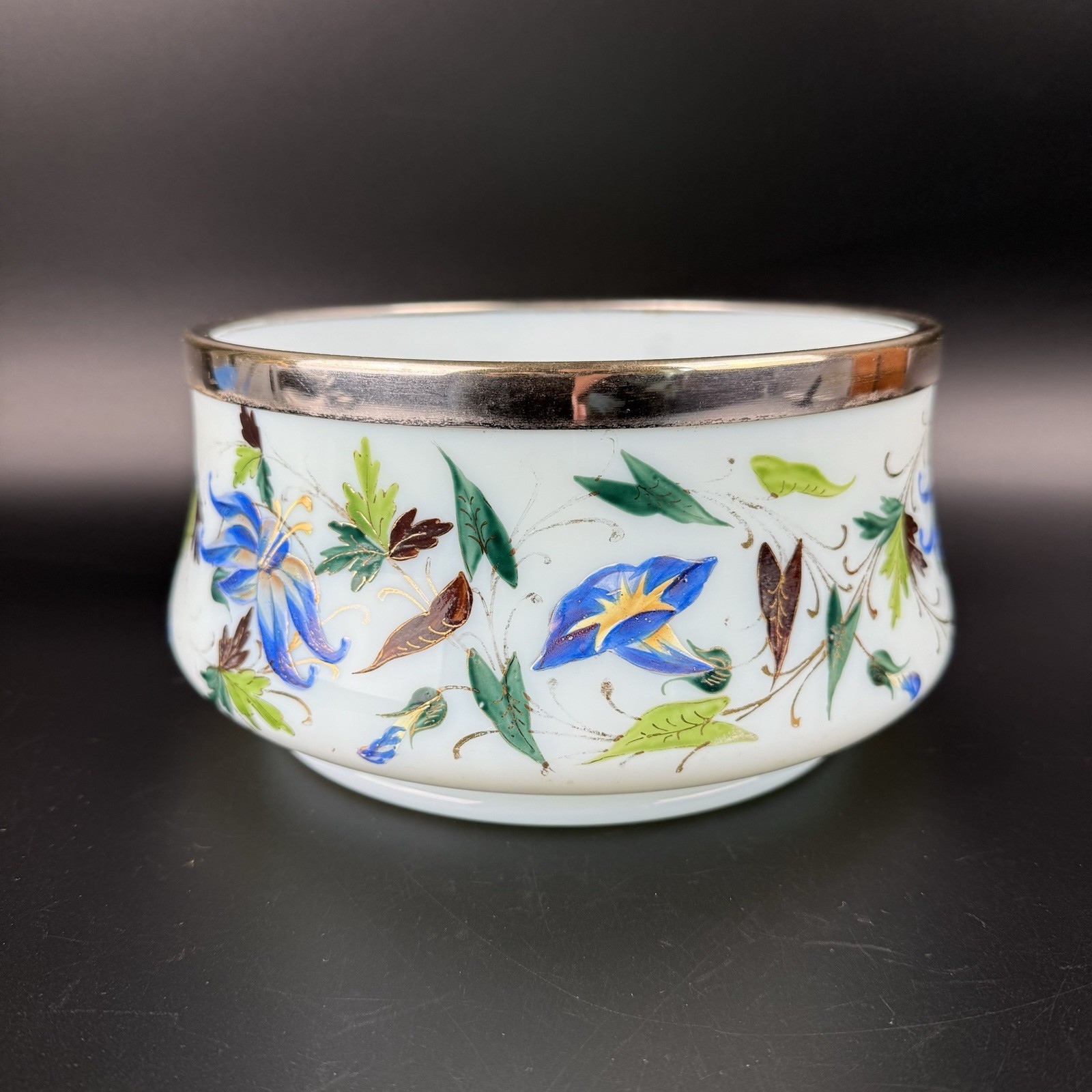 RARE W.M.F.N WMF Vintage Blue Milk Glass Hand Painted Bowl Ring Of Fire