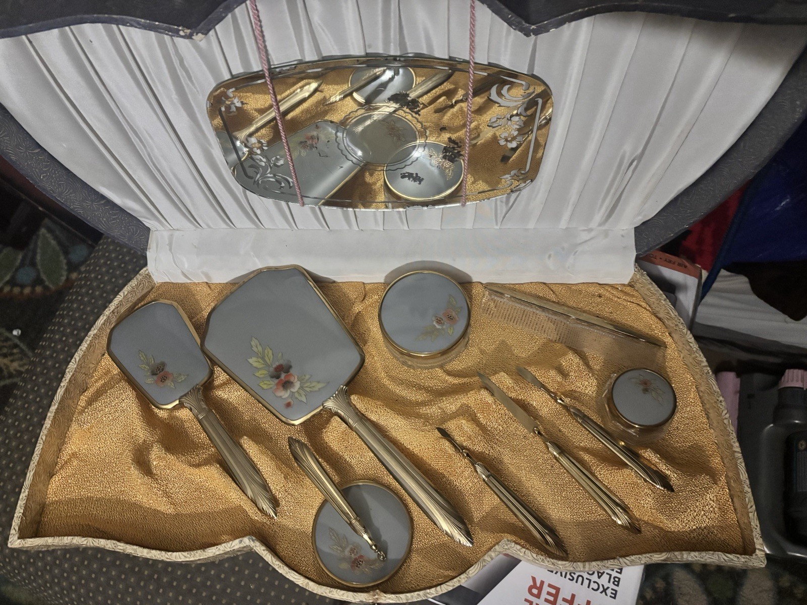 Vintage Vanity Dresser Set in Decorative Case w/ Mirror Brush Comb Manicure