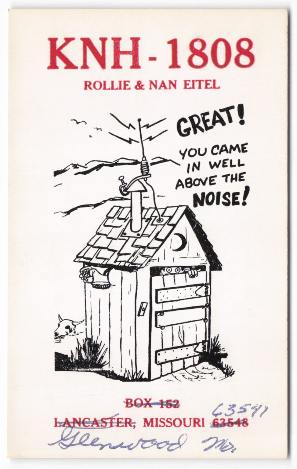 1968 CB Ham Radio QSL Postcard KNH-1808 Lancaster Missouri Outhouse Antenna