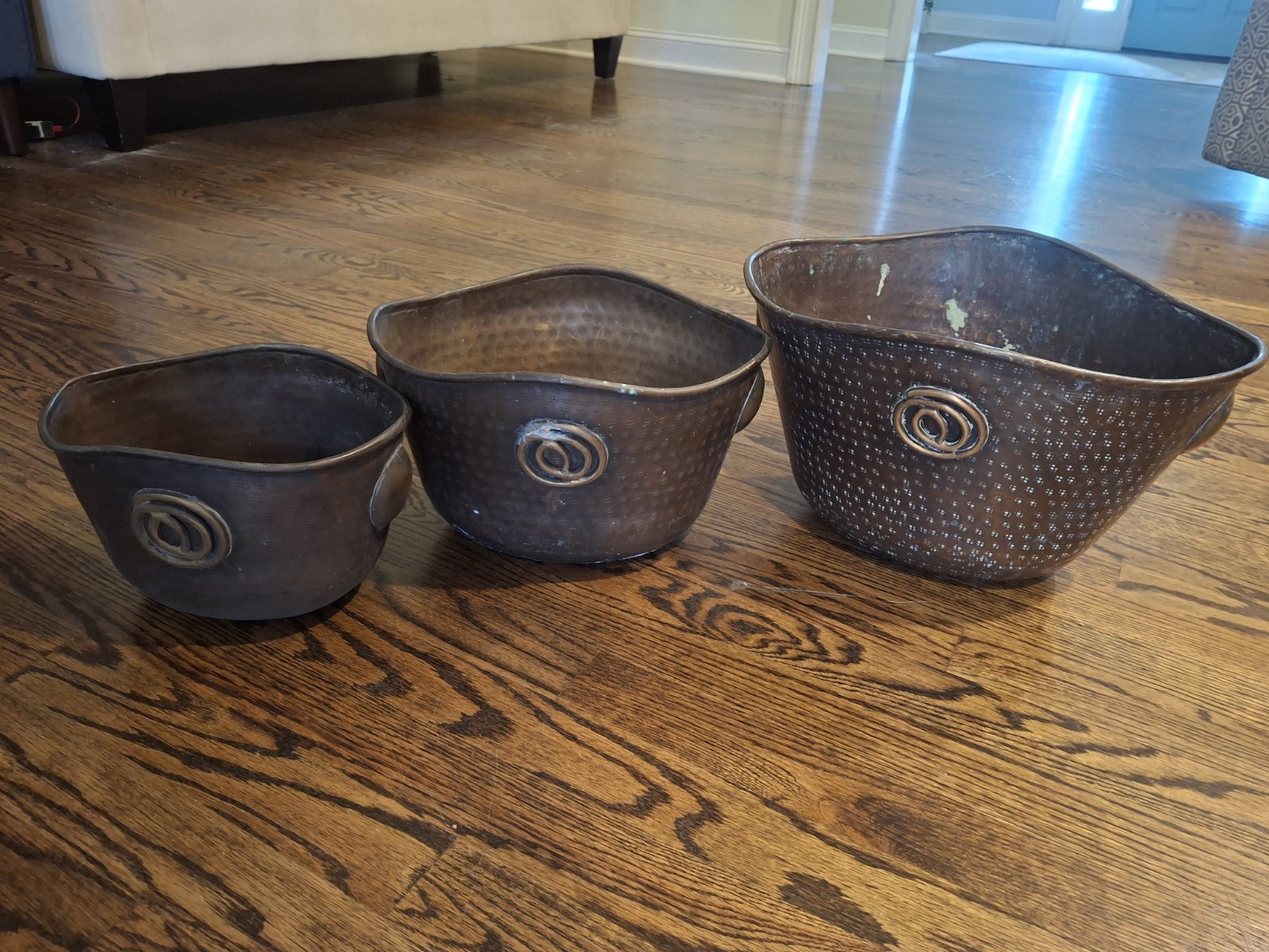 3 Heavy Vintage Solid Brass Planters Nesting Set Hand Hammered