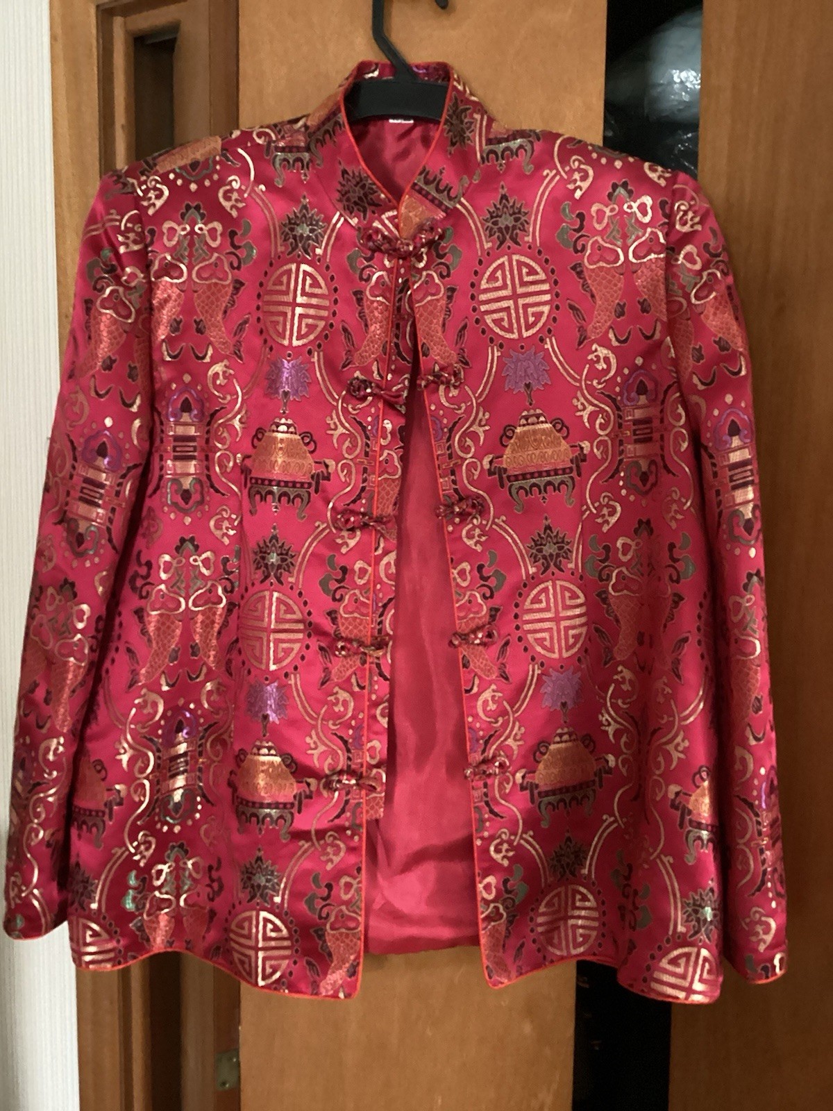 Vintage PBL  Asian Mandarin Embroidered Satin Red Jacket, Size XXXL/43