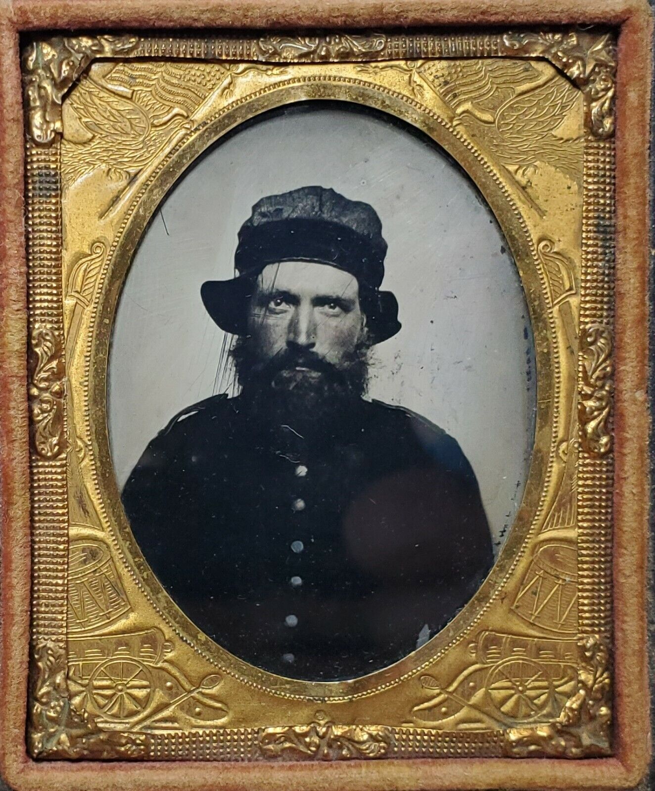 Civil War Soldier w/ Whipple Hat Brass Military Mat 1/9 Plate Ambrotype Photo