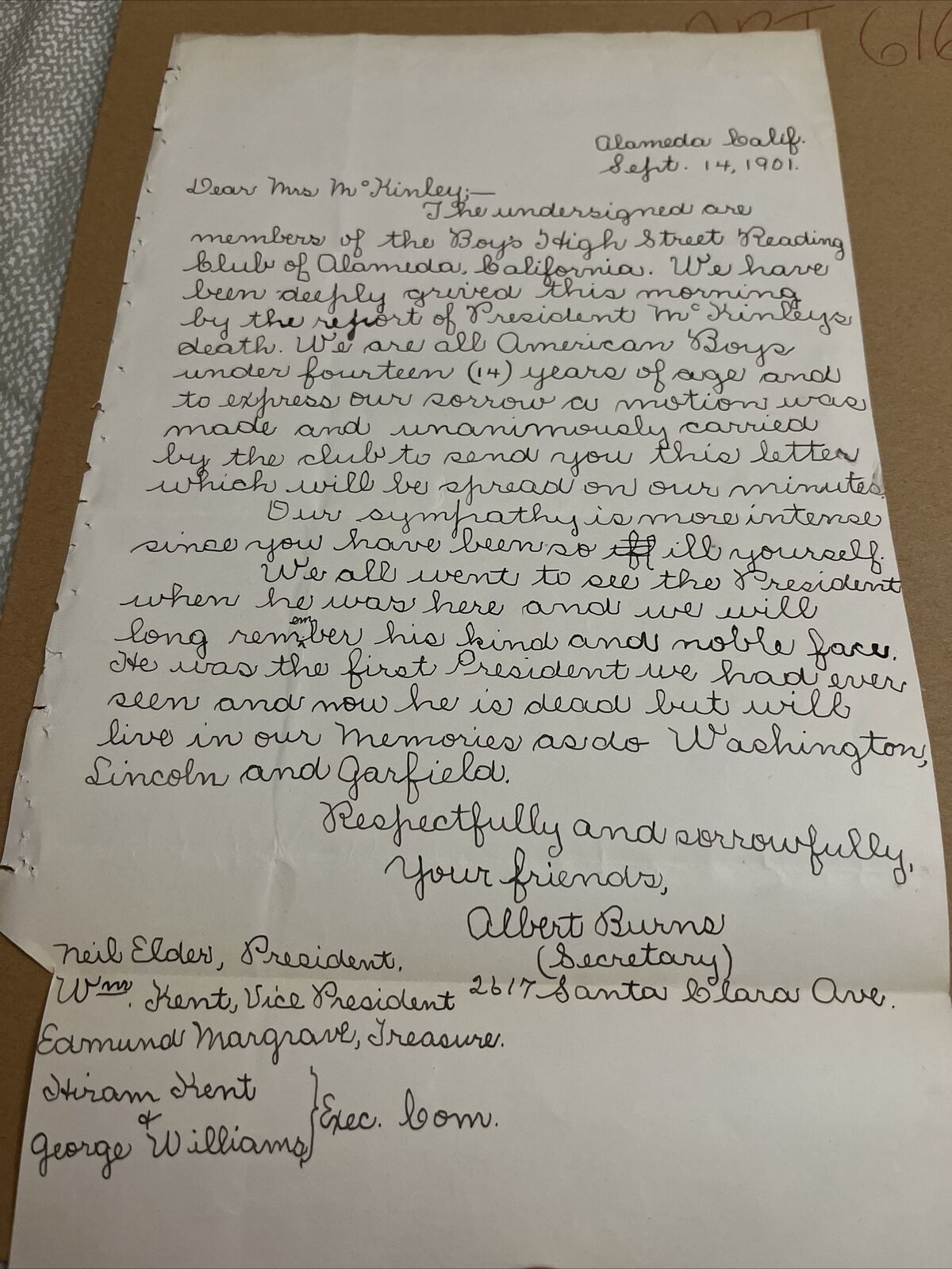 1901 High Street Reading Club Alameda CA Letter President McKinley Assassination