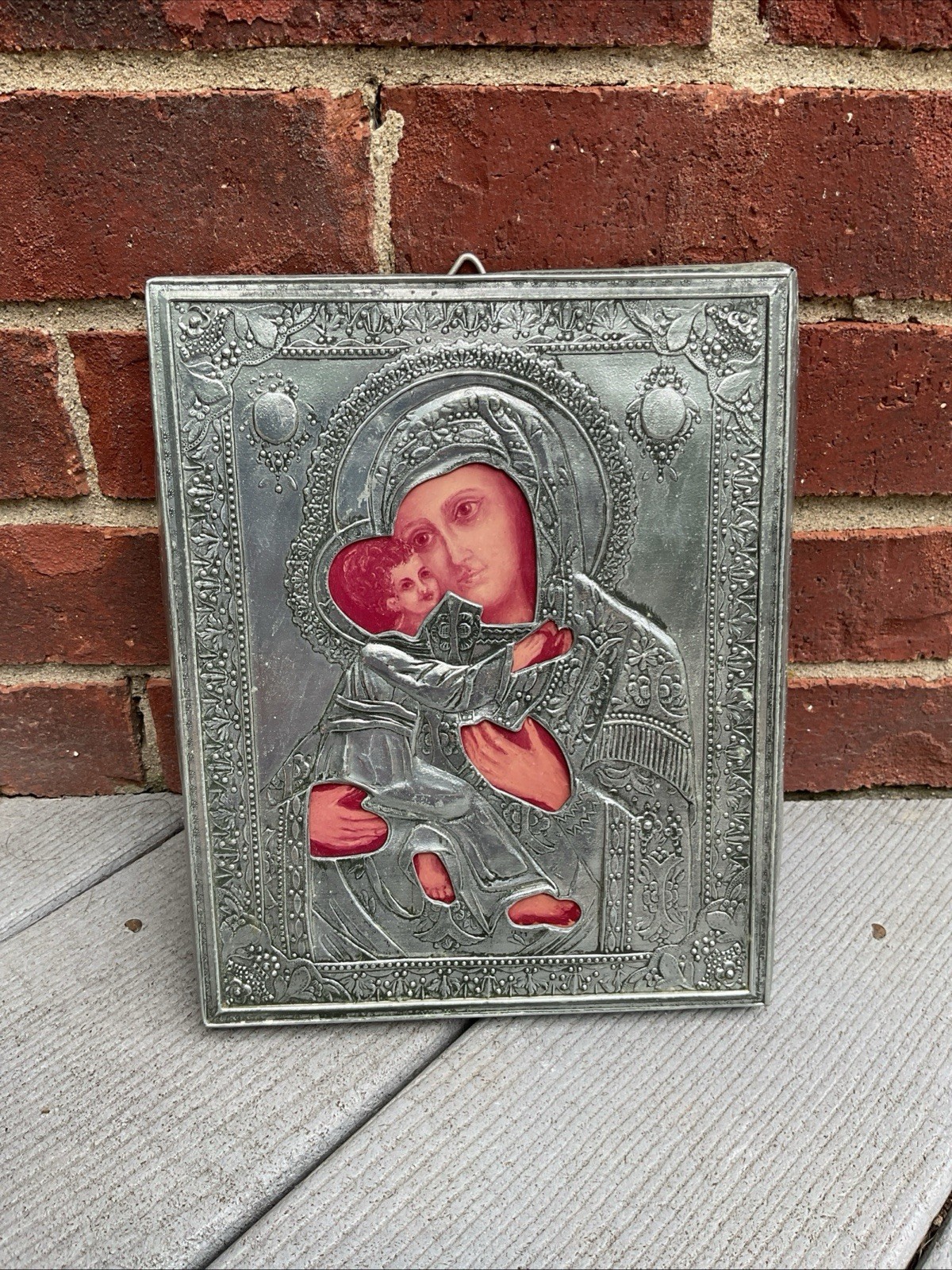 Vintage Religious Mother & Child Silver Wrapped Metal Wood Plaque 8” X 7”