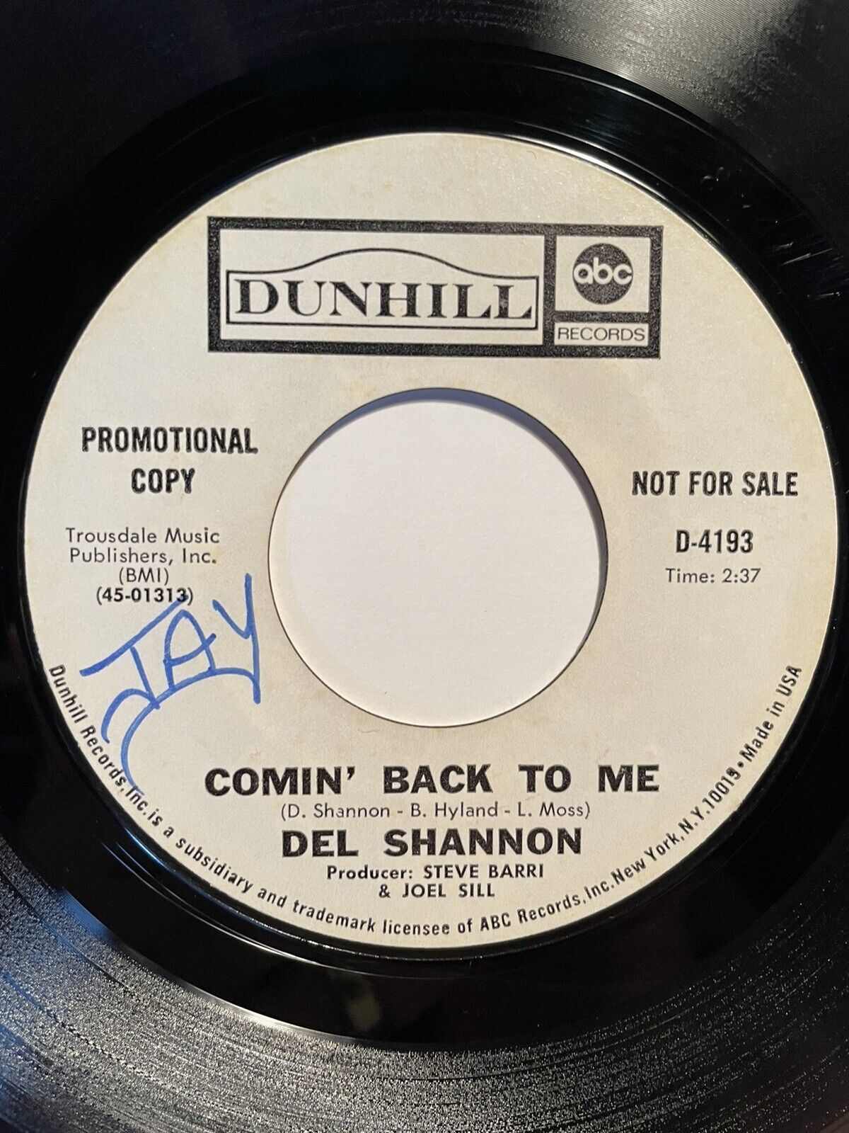 Del Shannon “Comin’ Back To Me” Dunhill 7” 45 Strong VG+