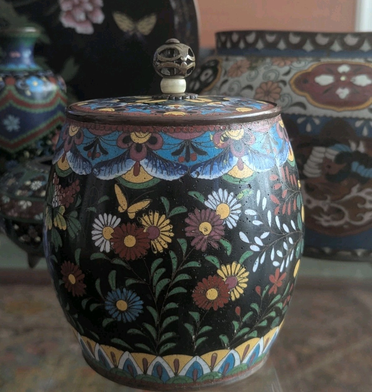 Antique Japanese Cloisonne Lidded Jar Floral Butterfly Black Ground Meiji Era 5\