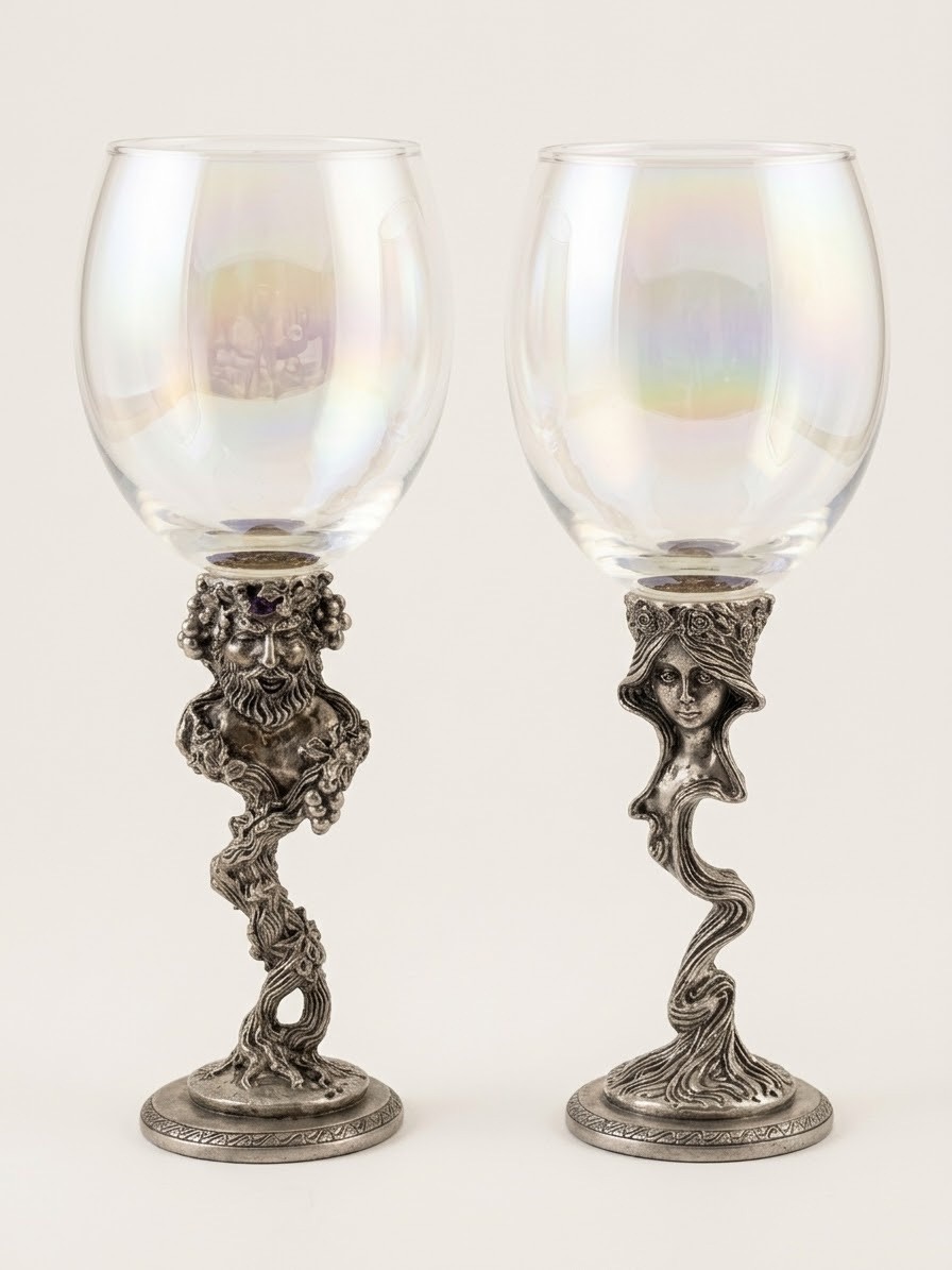 Vintage Pewter Wine Glasses Bacchus & Nymph Irridescent Goblets Mythlogical 2 pc