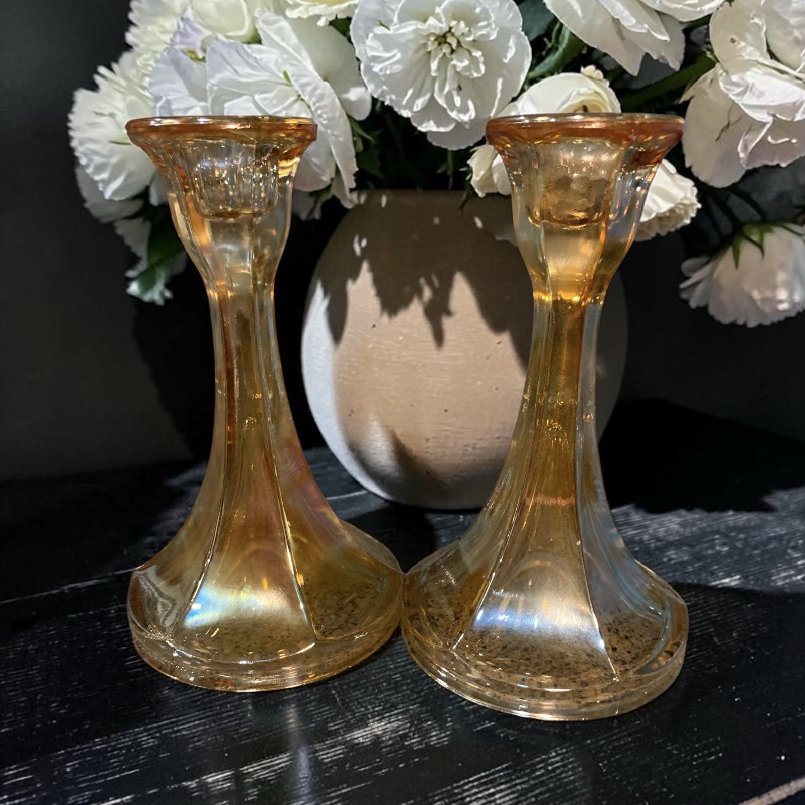 Antique Imperial Glass Chesterfield Marigold Carnival Glass Candlesticks Pair