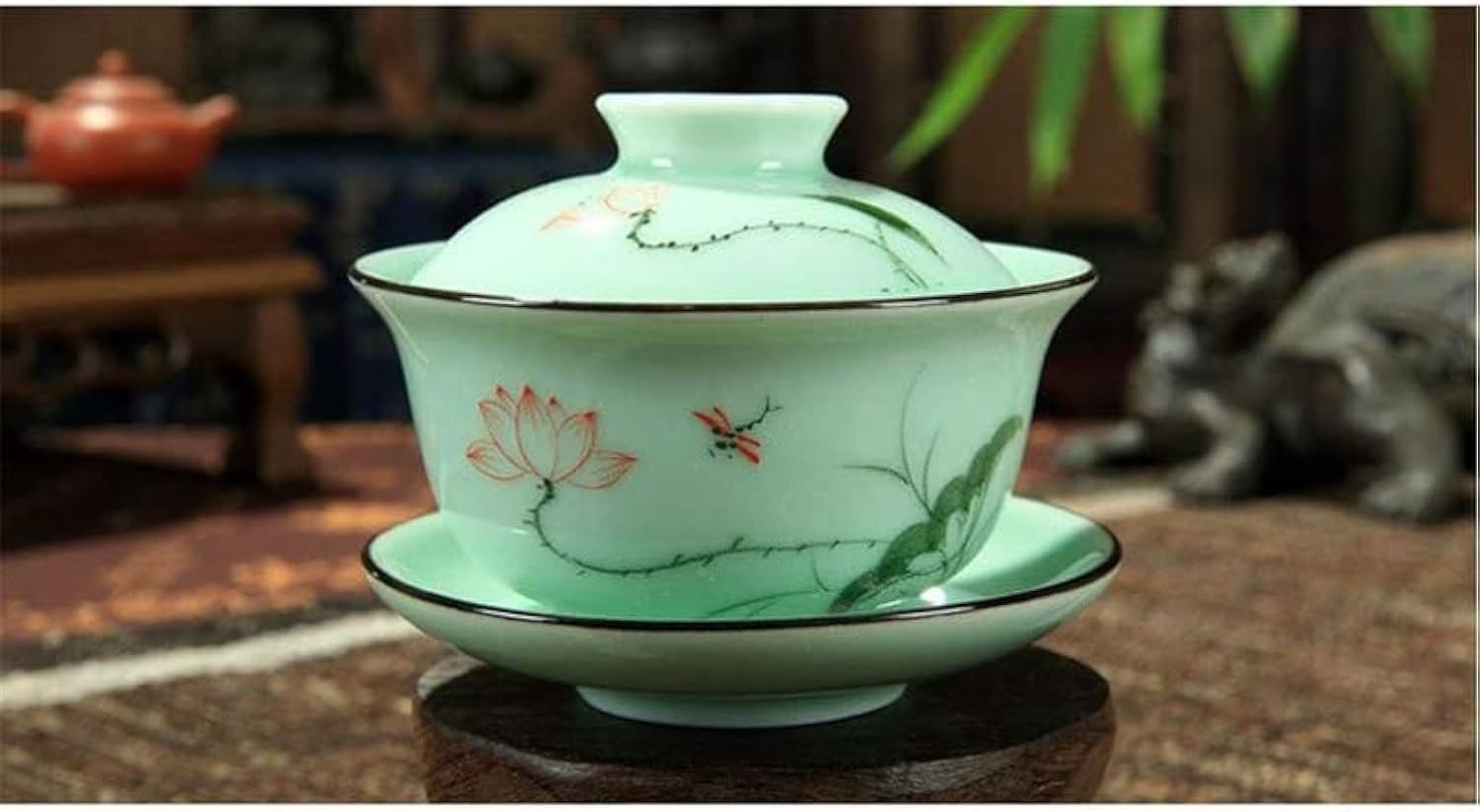 HOTUMN Gaiwan Teaset Celadon Handcrafted Porcelain Tea Set Lotus Theme Porcelain