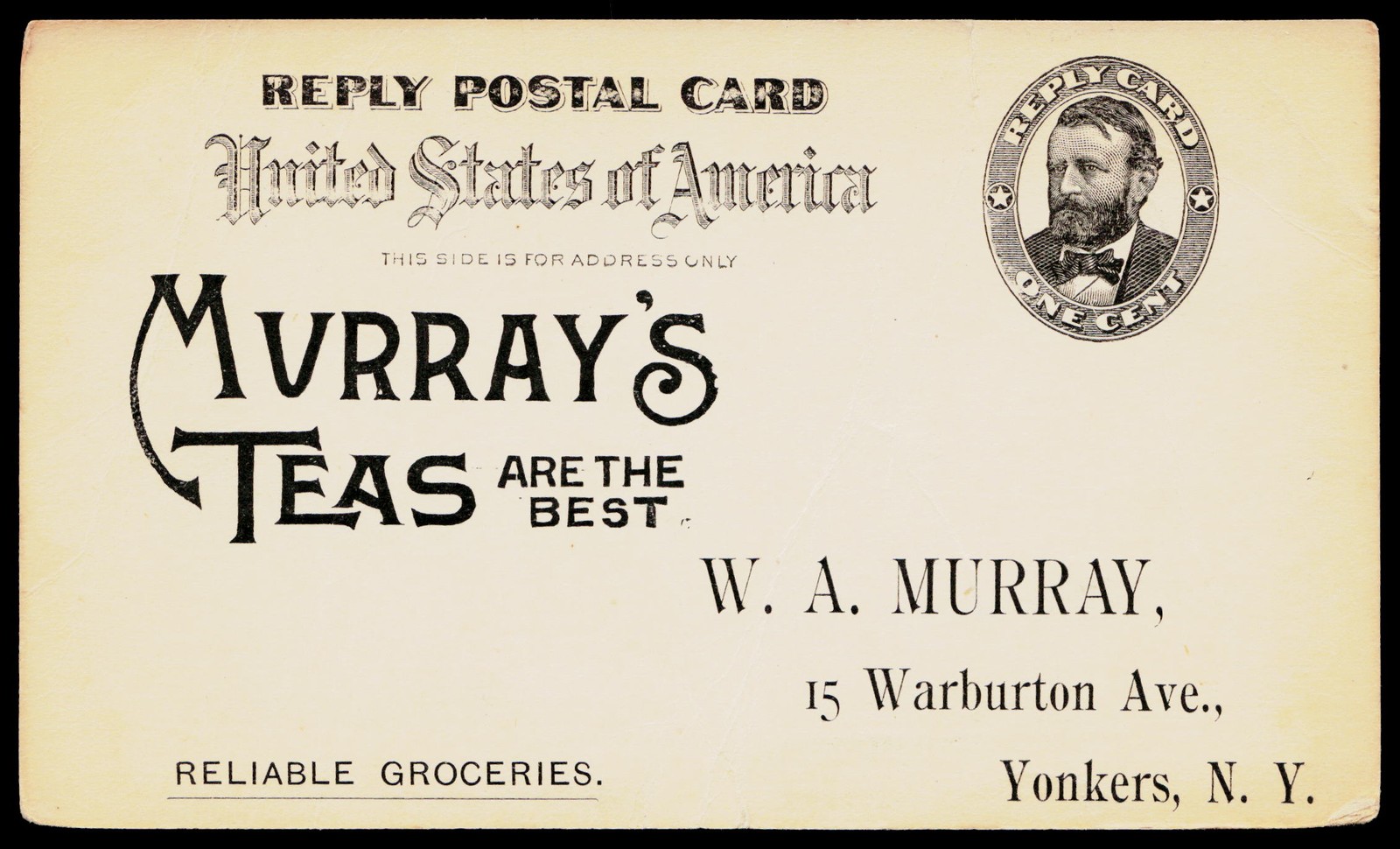 C1890s W.A. Murray's Teas Yonkers NY Victorian Grocer Advertising Postal Card