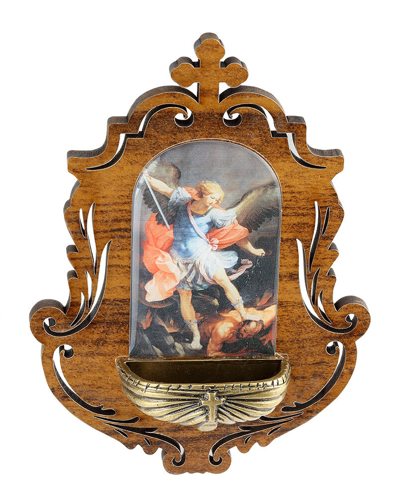 Wooden St Michael Archangel Holy Water Font, Catholic Religious Gifts Favors 