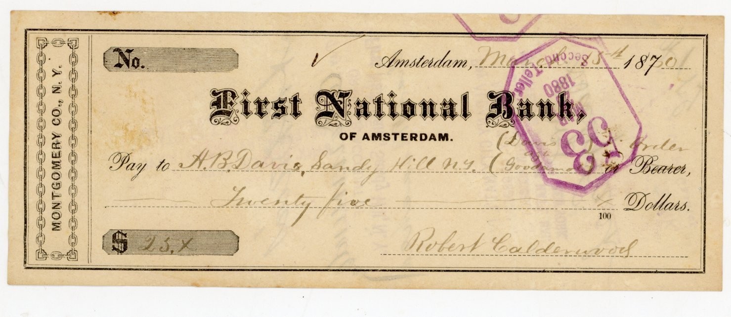 1870 First National Bank of Amsterdam NY Check  Signed A.B. Davis Montgomery