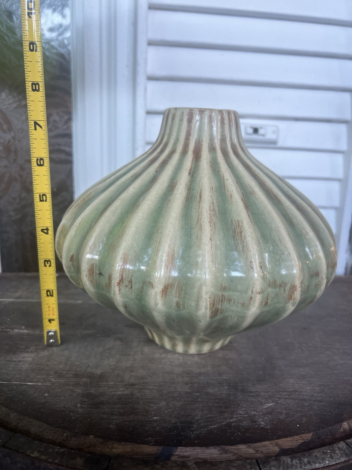 Global Views Art Pottery Olive Green Vase Glazed Ribbed Mid Century Modern