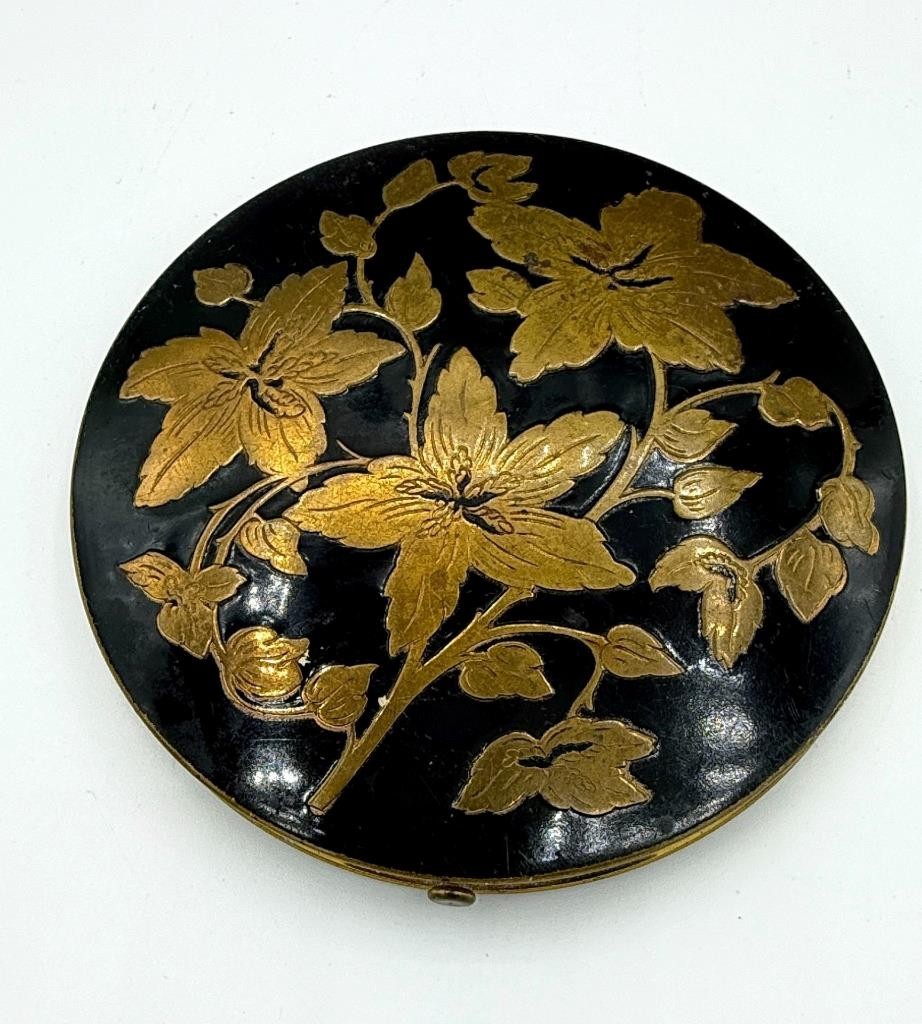 Large Vintage Black and Gold Compact