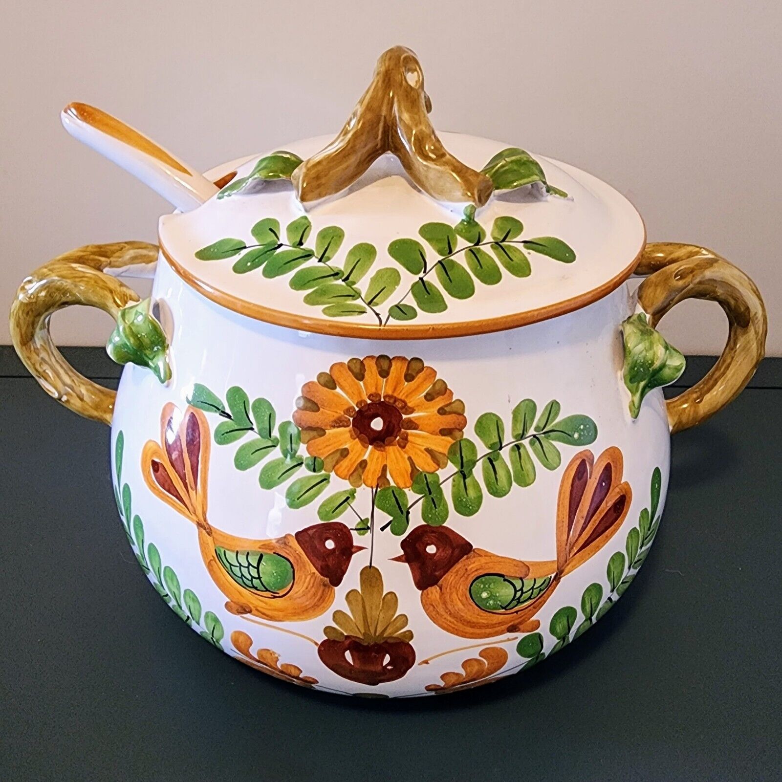 Vintage Hand Painted Italian Ceramic Soup Tureen Pottery Ladle Lid Bird Design