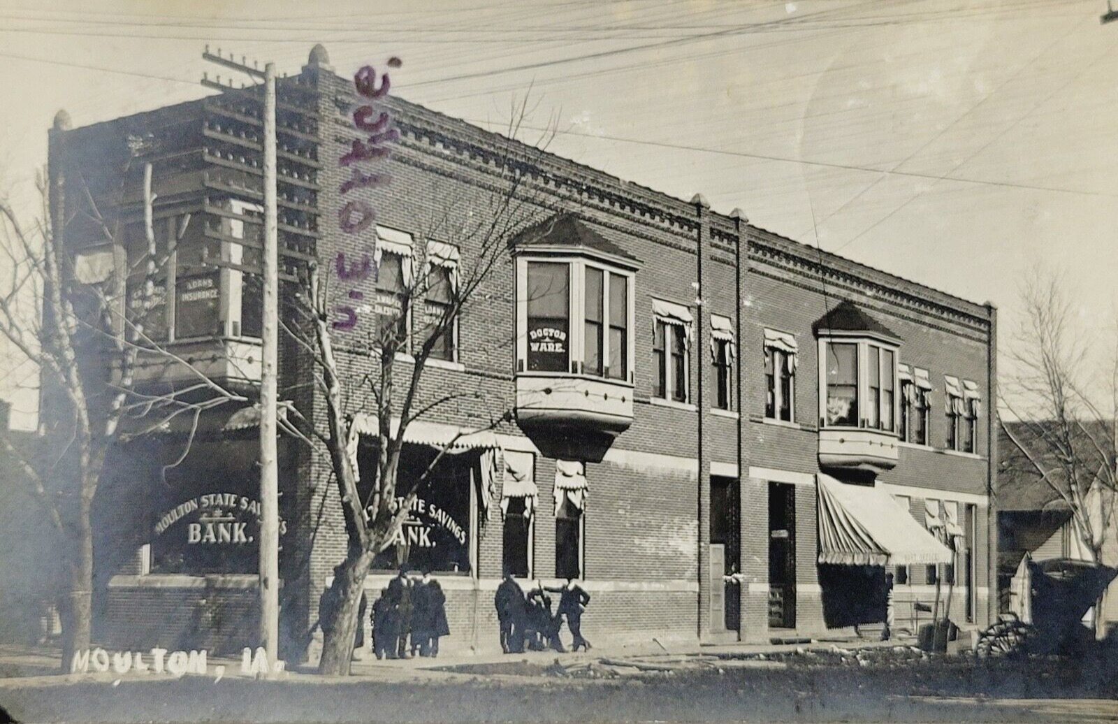 Rare 1908 Twice Canceled Postcard Moulton State Savings Bank & Post Moulton Iowa