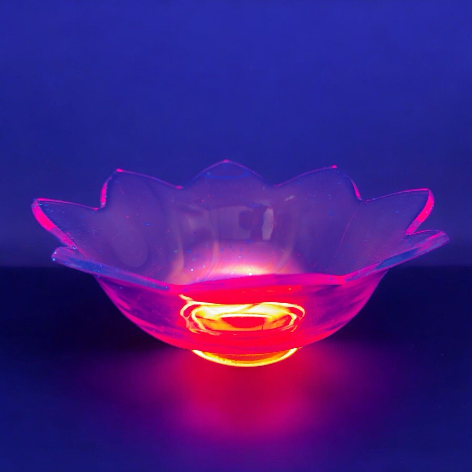 Vintage Fenton MCM Amberina Petal Bowl Dish UV Glowing Glass Compote Dish READ