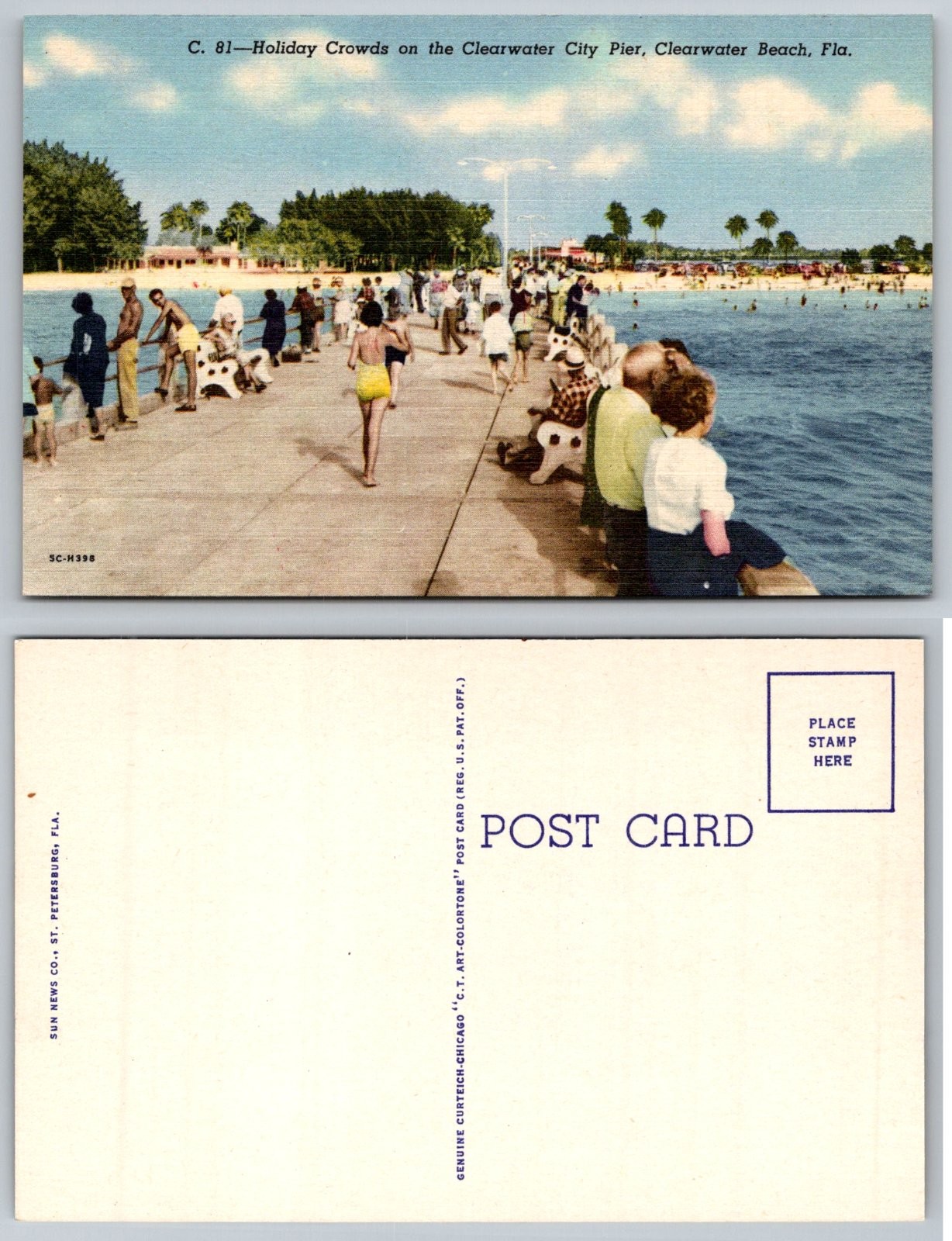 Clearwater Beach Florida City Pier Holiday Crowds Curt Teich Postcard