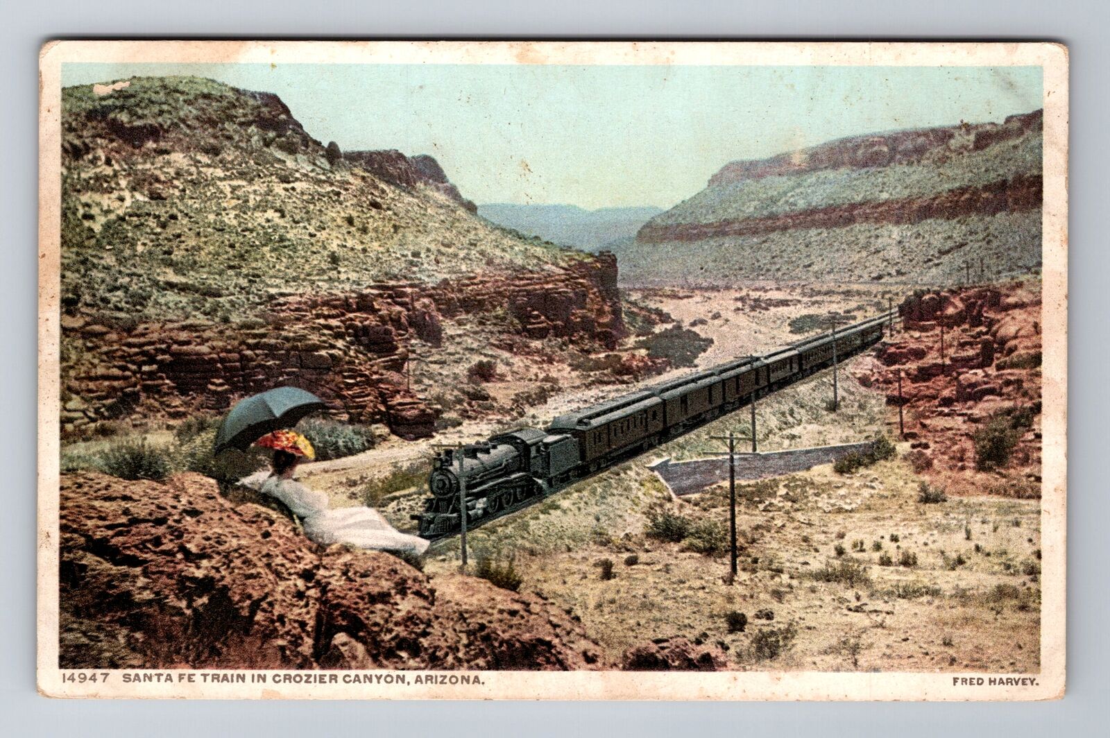 AZ-Arizona, Aerial Santa Fe Train In Crozier Canyon, Antique, Vintage Postcard