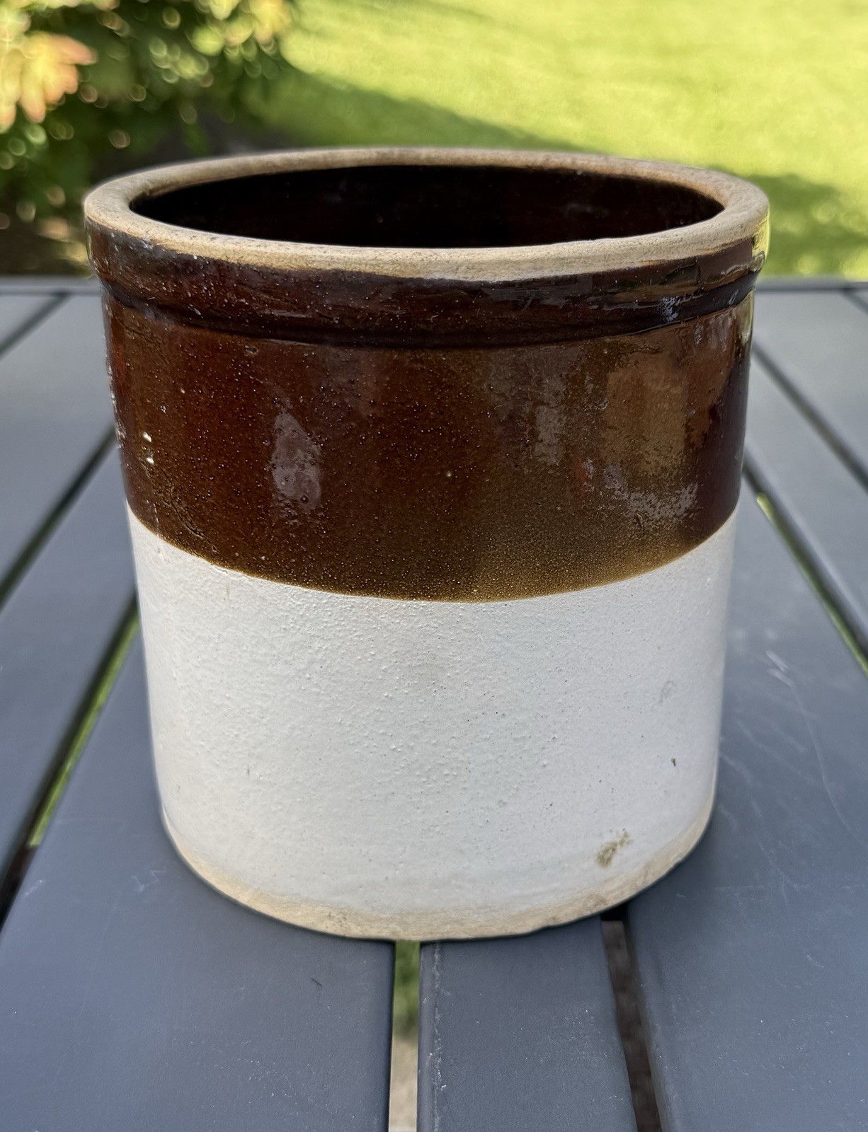 Antique Stoneware Small Crock Two-Tone Brown/Beige Farmhouse 6