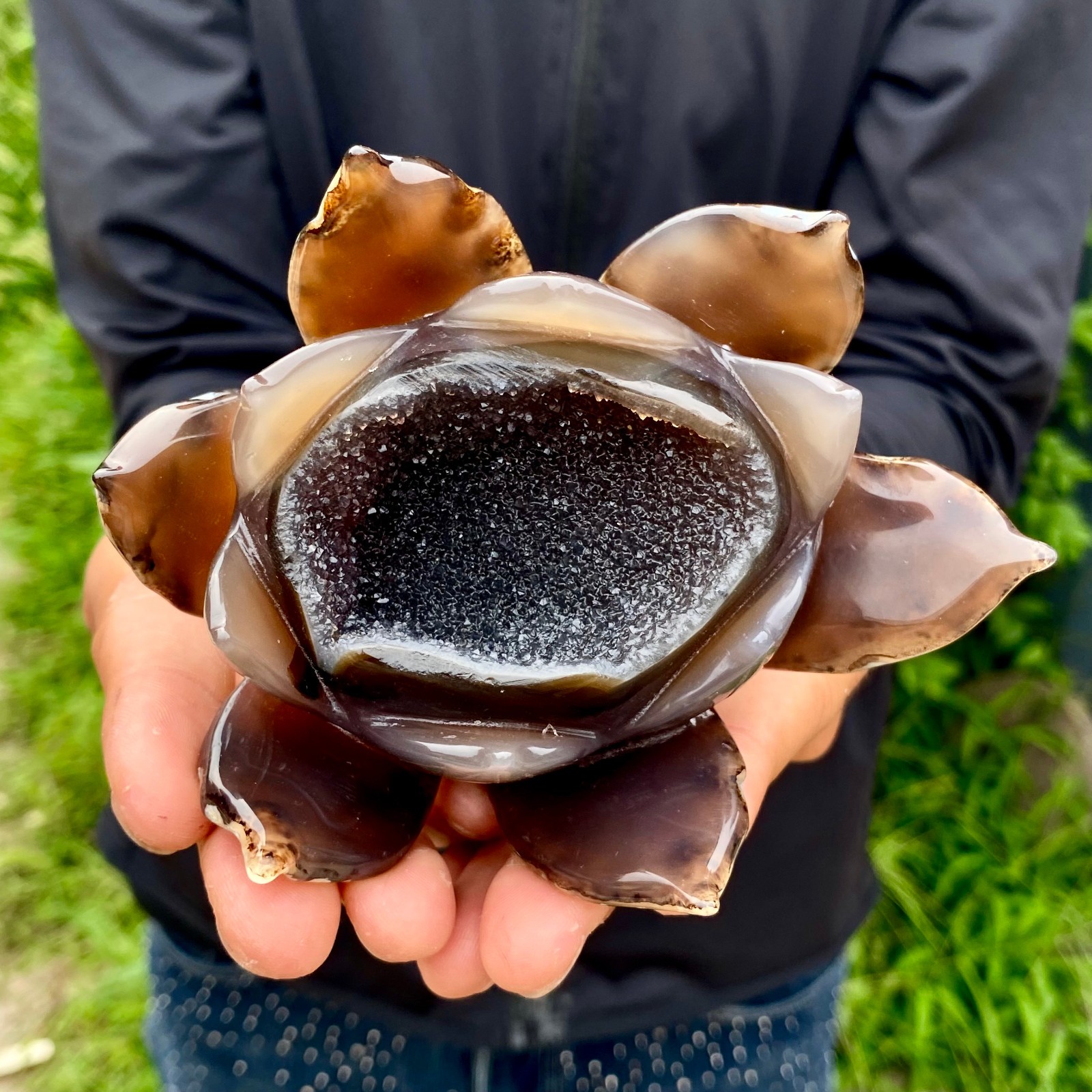 400G Natural Agate Geode Carved Lotus Flower, Hand Carved Healing Crystal Home