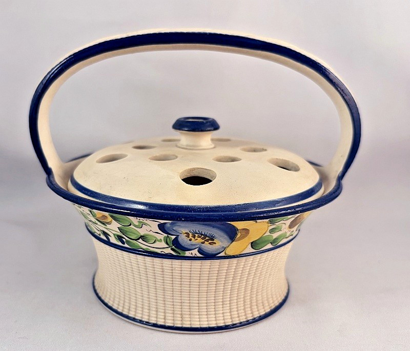 Rare 1800\'s Caneware Creamware Potpourri Basket/Violet Pot Hand Painted Posies