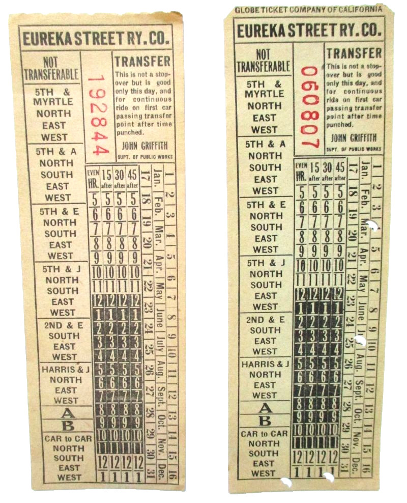 Two Eureka Street Railway Company Tickets - California