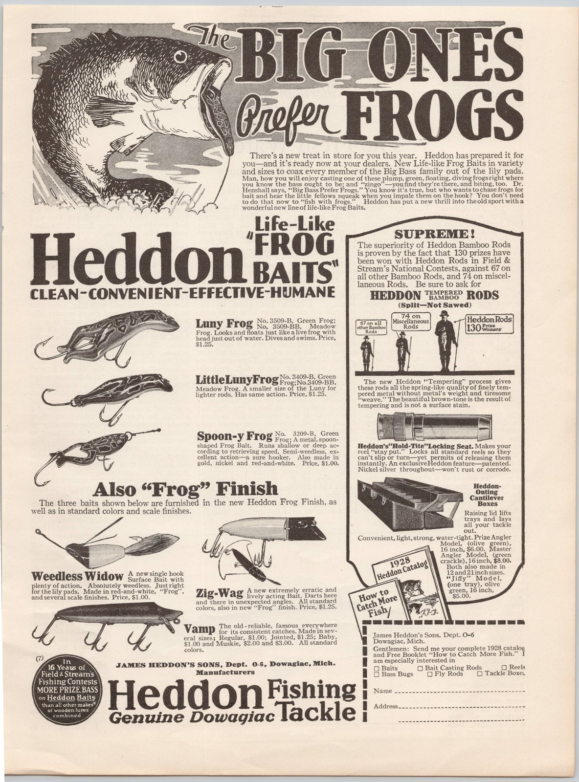 Heddon Frog Baits Dowagiac Tackle Bamboo Rods Bass Bugs 1928 Vintage Print Ad