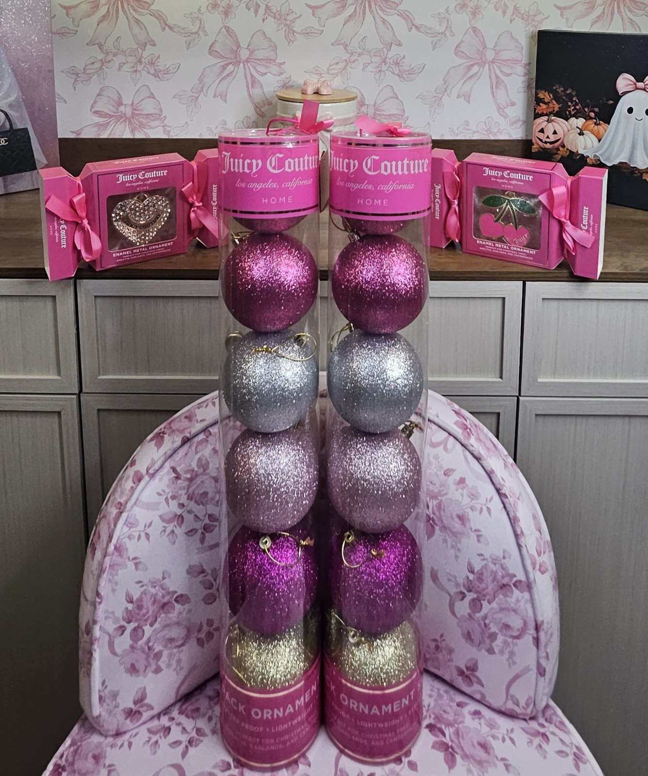 Juicy Couture Christmas Ornament Set Pink Silver & Gold Shatter Proof Ornaments