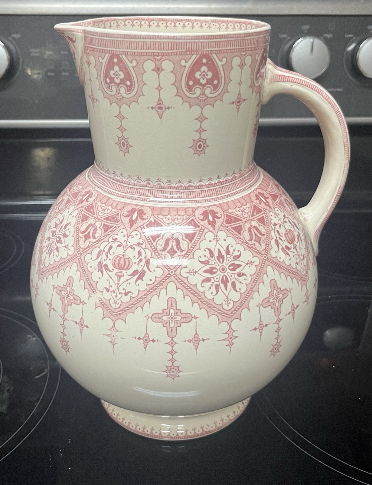 Antique French Sarreguemines Pitcher In Pink Calcutta Pattern Antique French Sarreguemines Pitcher In Pink Calcutta Pattern