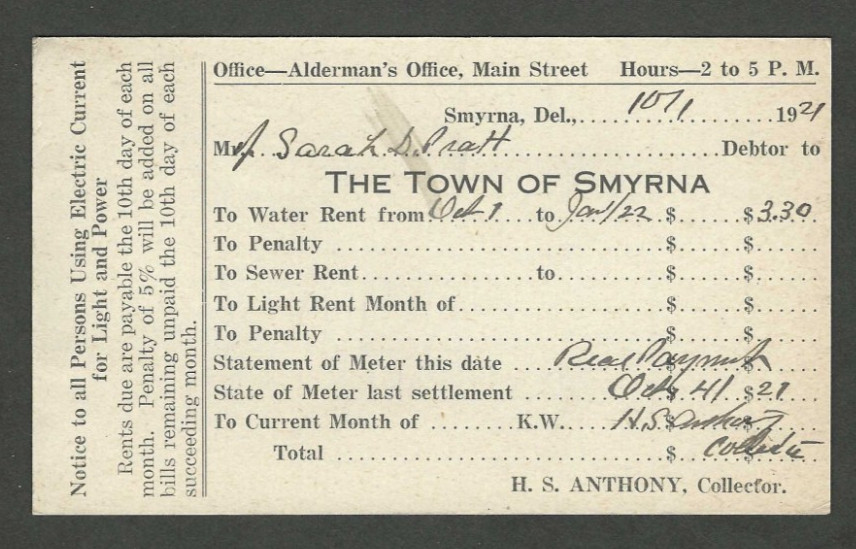 1921 Town Smyrna Delaware Water Rent Bill Alderman\'s Office Pratt Hotel Dennis