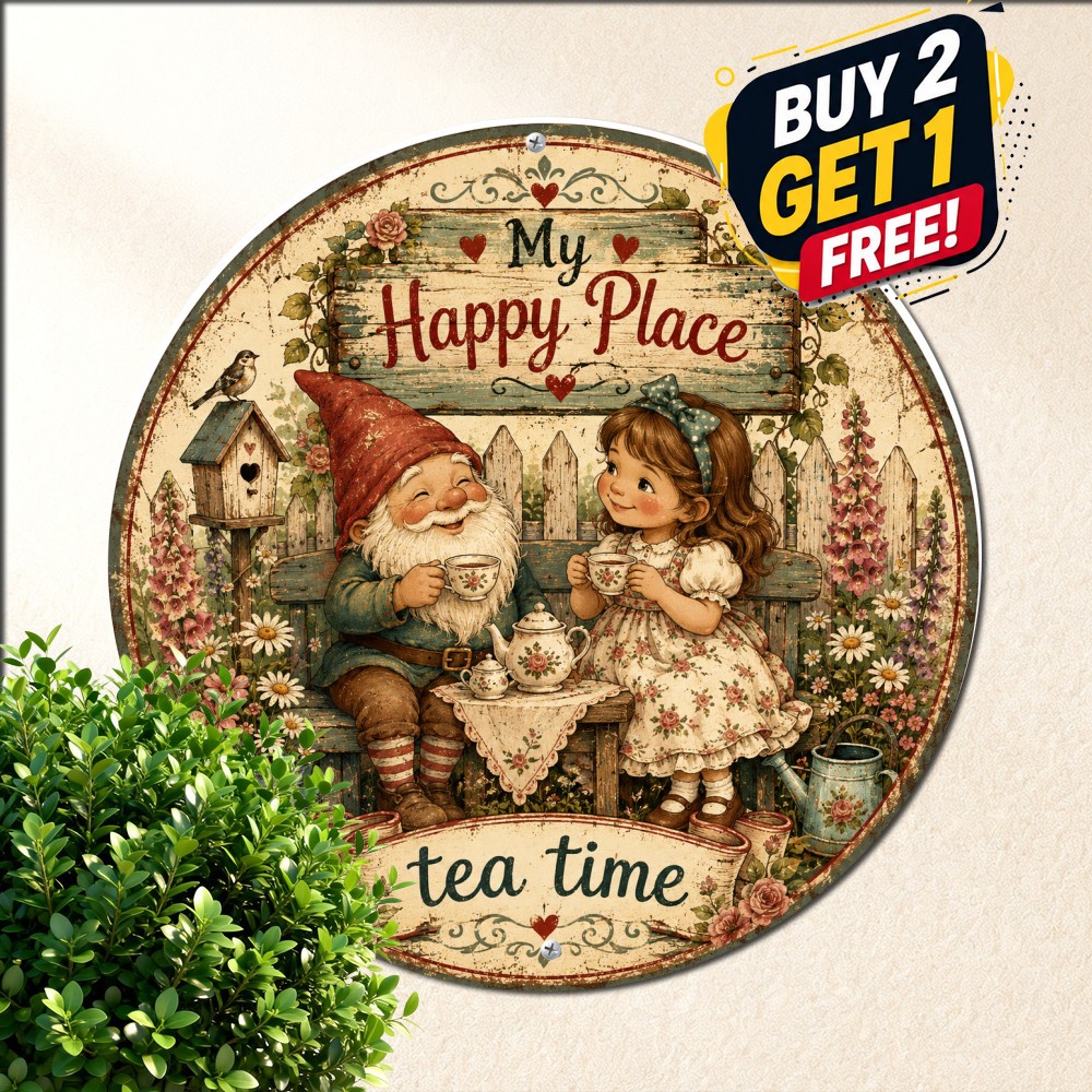 Happy Gnome Girl Autumn Garden Round Metal Sign Whimsical Fantasy Plaque