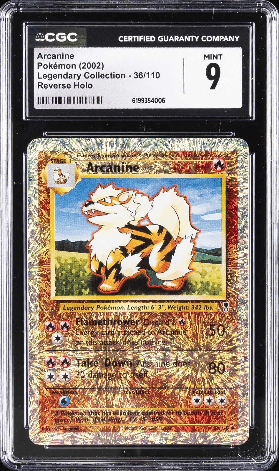 2002 POKEMON LEGENDARY COLLECTION REVERSE HOLO #36 ARCANINE CGC 9