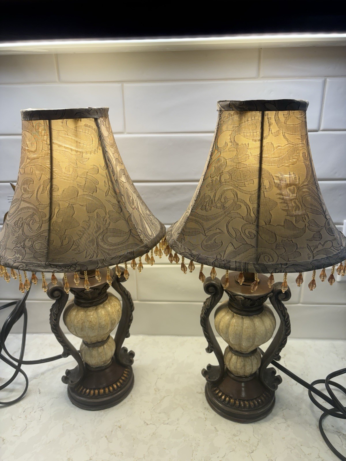 Pair Vtg Tuscan Boudoir Table Lamps Beaded Fringe Shades Urn Base Old World