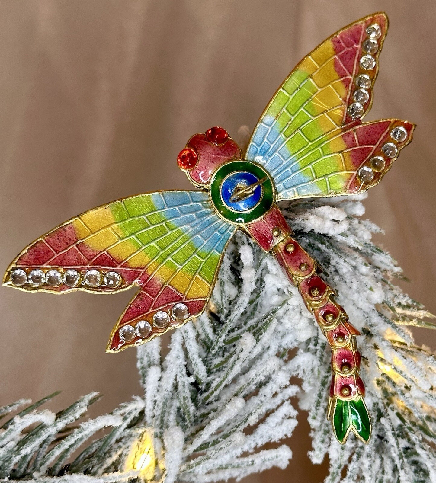 Cloisonné Rainbow Enamel Rhinestone Articulated Dragonfly Ornament Pendant