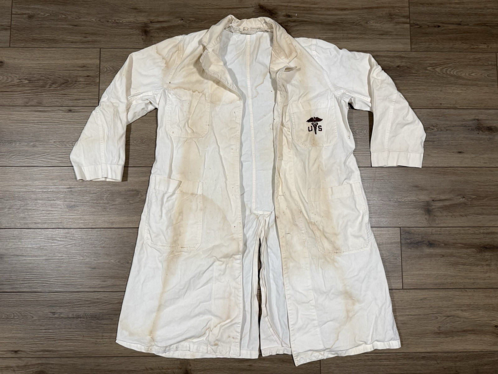 Vintage Korean War US Navy Doctor Medical Overcoat Mens Drill Frock Size Small S
