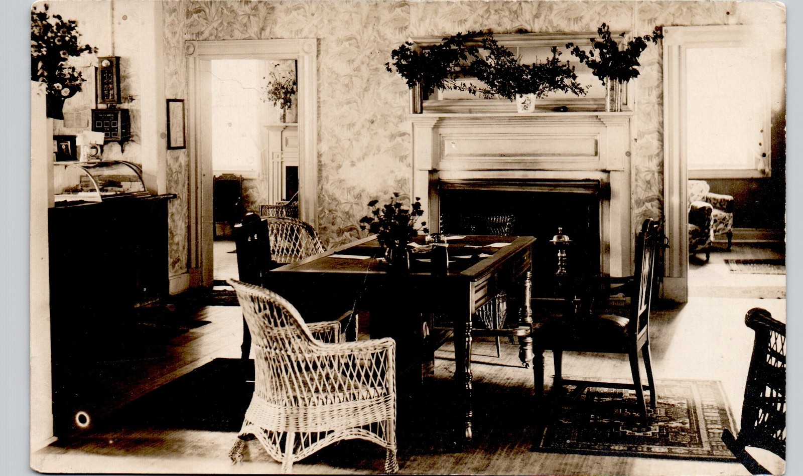SMALL HOTEL LOBBY INTERIOR c1910 postcard real photo rppc historic antique