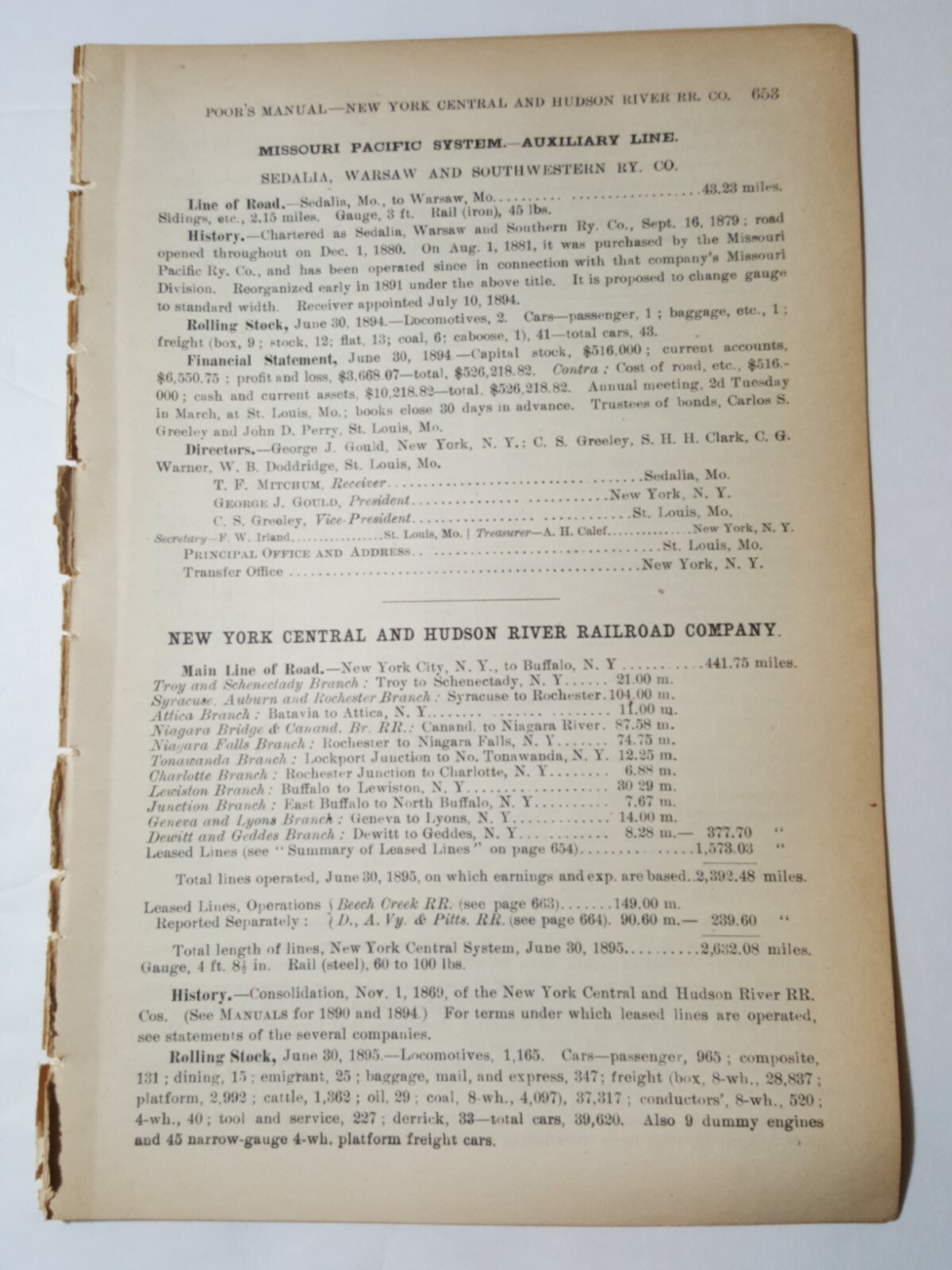 Original 1896 train report NEW YORK CENTRAL & HUDSON RIVER RAILROAD 15 pgs info