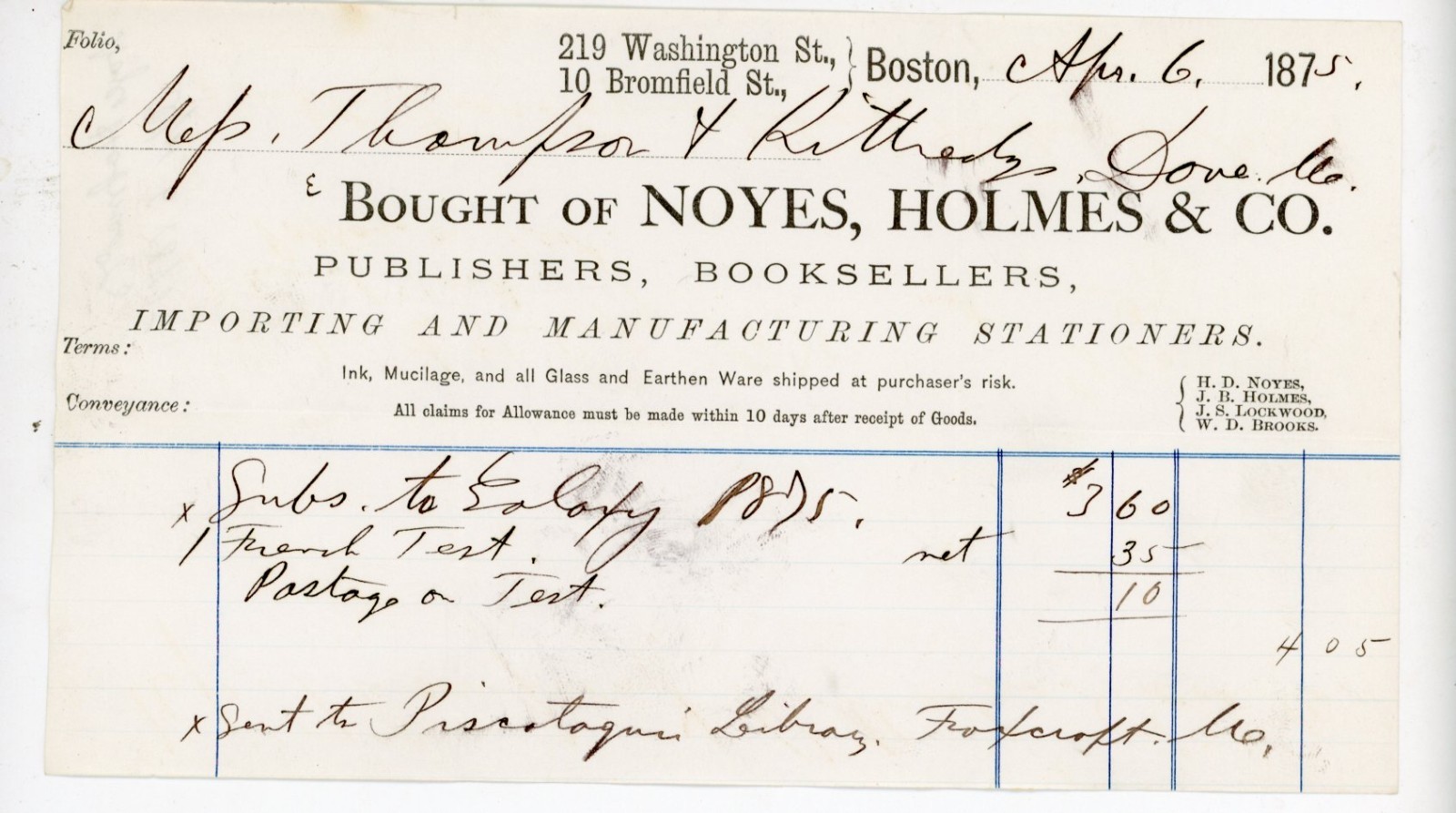 1875 Antique Receipt Noyes Holmes & Co Boston Booksellers Piscataquis Library ME