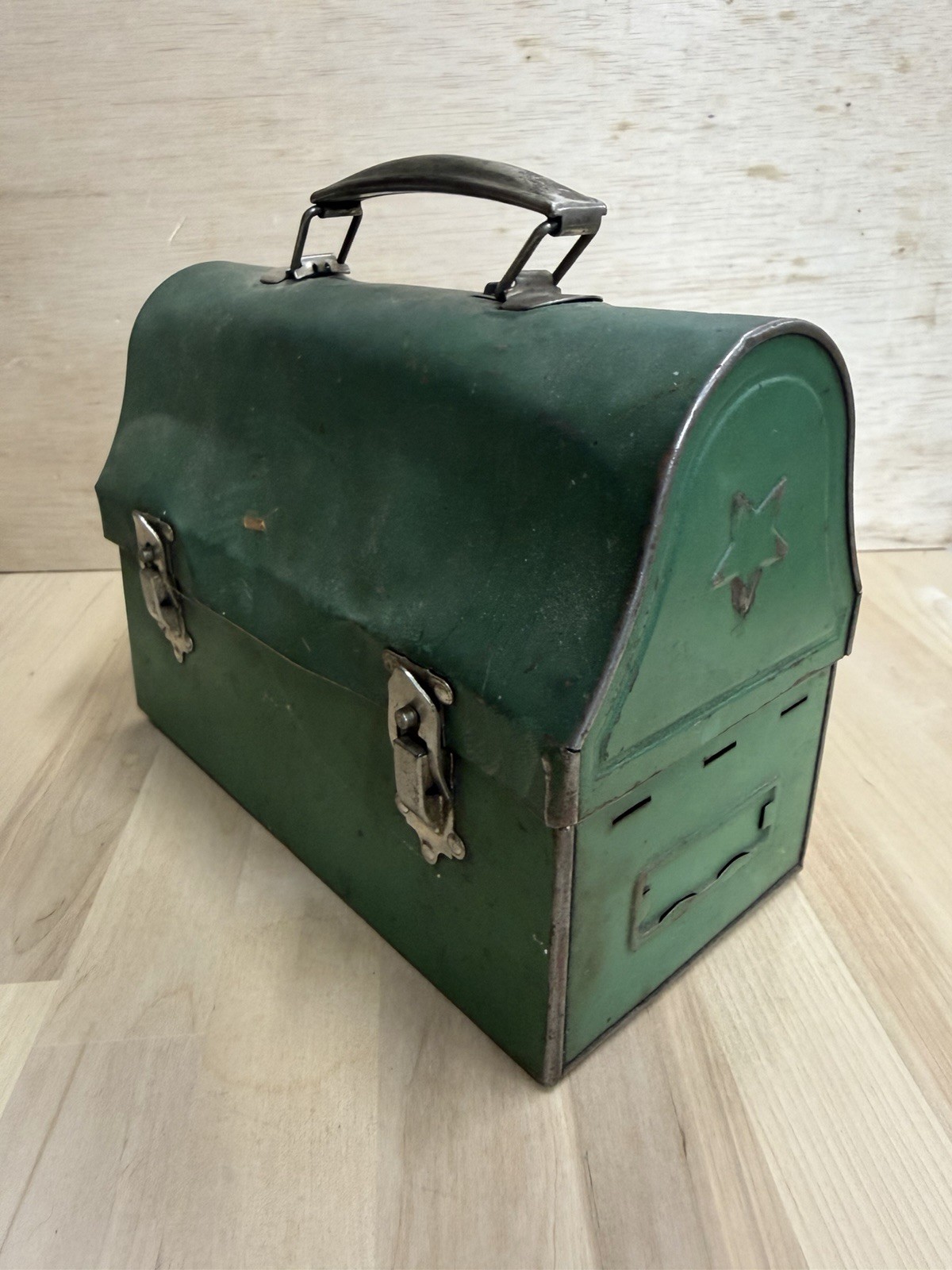 Vintage American Thermos Company Green Metal Dome Top Pail Lunch Box w/Star