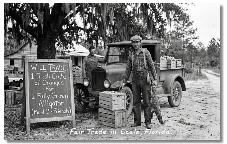 Vintage‑STYLE  ART 1930\'s RPPC-BARTER ORANGES & ALLLIGATOR OCALA FL-FAUX PHOTO