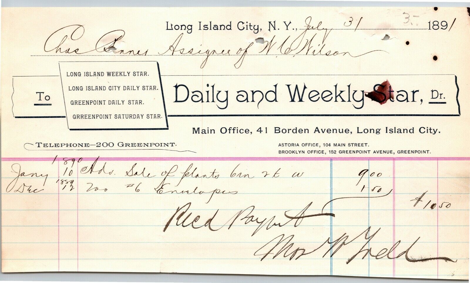 Scarce Long Island City NY Letterhead Billhead 1891 Daily Weekly Star Newspaper