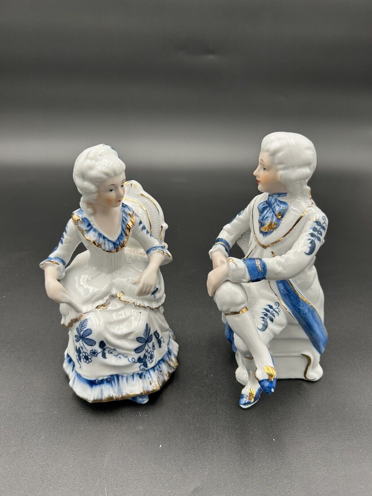 Vintage Deville Colonial Blue & White Porcelain Gold Gentleman & Lady Taiwan 7in