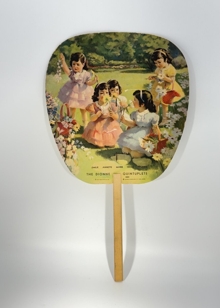 Vintage 1937 Dionne Quintuplets Advertising Hand Fan Schmidt's Elkhorn Ice Cream