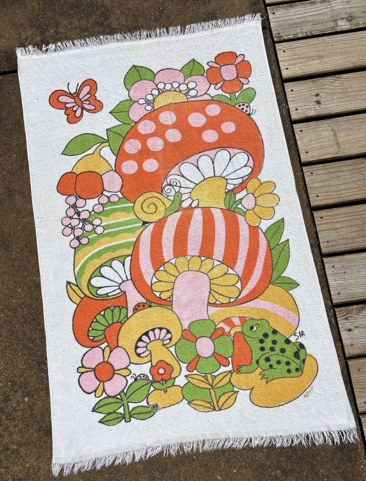 VTG Groovy Towel Flowers Snail Mushroom Butterfly Frog B & D SIA 60s 70s Rare